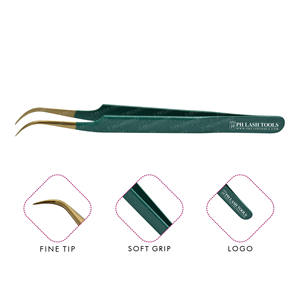 แหนบสเตนเลสพร้อมปลายโค้งสำหรับต่อขนตา,แหนบต่อขนตาสีทองและสีเขียวพร้อมโลโก้ของคุณเอง - Product Image 1