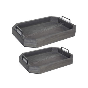 Elegante bandeja de servicio octogonal de madera de pino con asas de metal Set 2 Decoración de madera elegante para cocina Hotel y restaurante Uso - Product Image 1