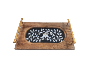 Bandeja de Servir de Madera de Acacia Estilo Árabe con Incrustaciones de Nácar, Asa, Tamaño y Color Personalizables, Calidad Certificada EPCH, Artesanía - Product Image 1
