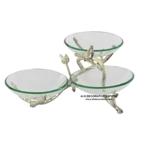 3 Section Glass Bowl with Metal Stand Table Decorative Glass Food serving Bowl for Restaurant Table Decoration