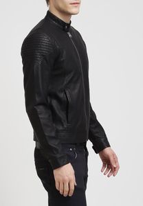 Chaqueta de motorista de cuero de oveja con cierre y cremallera, color negro, hecho en Pakistán - Product Image 3