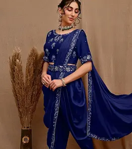 Тяжелый эксклюзивный дизайн патия сари в стиле Dhoti с тяжелой вышивкой, готовый к ношению сари по низкой цене