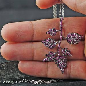 Natural <b>Ruby</b> Gemstone Oxidized 925 Silver Leaf Shape Handmade Pendant Chain <b>Necklace</b> Fine Jewelry Wholesale - Product Image 3
