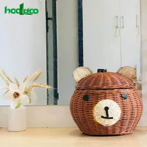 Bear Baskets Handicraft Natural Rattan Woven Handmade Small Storage Basket With Lid