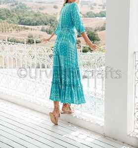 Bohemian Summer Floral Print <b>Turquoise</b> Long Sleeve Women <b>Clothing</b> V-Neck Long Maxi Dress - Product Image 2
