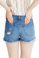 Shorts de mezclilla personalizados de verano de alta calidad al por mayor para mujer, de cintura alta, a media pierna, a la moda, tallas regulares y grandes, con botones, lavados.
