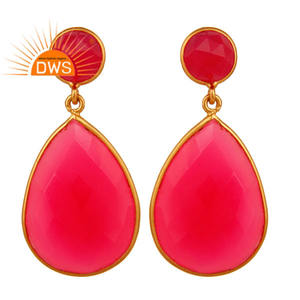18k Gold Plated Jewelry Wholesaler Pink Chalcedony Gemstone Earring Double Drop Silver Earring Jewelry Manufacturer - Product Image 1