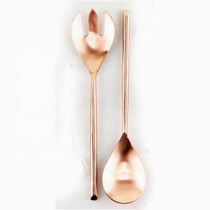 Rose <b>Gold</b> Polished Stainless Steel Salad Serving Set Plain Round Handle Spoon and Fork Metal Material - Product Image 2