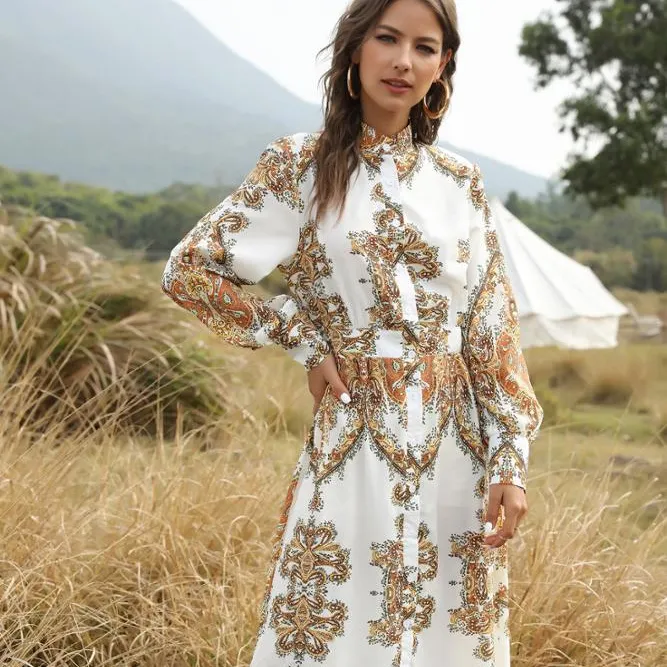 Gaun Lengan Baju Wanita, Musim Panas 2020 Gaya Bohemian Istana Lengan Cetak Gaun Lengan Besar Dada Tunggal