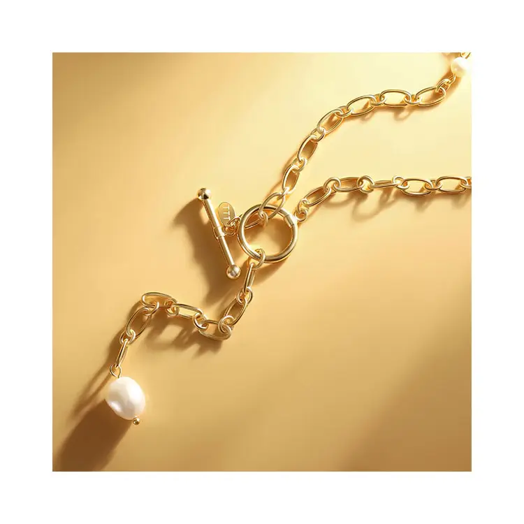 TTT Jewelry Elegent women pendant pearl toggle necklace pearl beaded 18k gold plated copper chain necklace with pearl