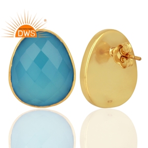 Pendientes de Calcedonia azul 14K chapado en oro 925 Plata niñas forma de huevo pendientes de tuerca proveedor de joyería colección clásica - Product Image 2