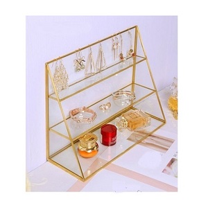 Boîte à bijoux en métal et verre à 2 niveaux boîte de rangement pour bijoux cosmétiques de forme carrée design avantageux d'Inde - Product Image 3