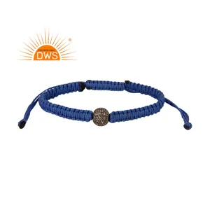 Nouveau Bracelet en Argent Sterling 925 Fait Main avec Diamants Naturels Pavés et Cordon Bleu en Coton pour Femme - Fabricant de Bijoux - Product Image 1