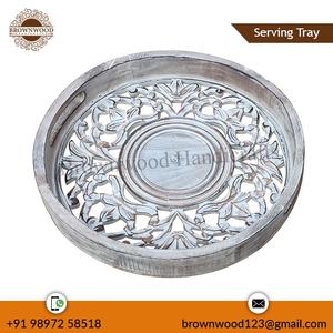 Plateau de service en bois de manguier sculpté à la main de forme ronde au design moderne Plateau de nourriture décoratif en bois pour l'exportation d'hôtels et de restaurants - Product Image 2