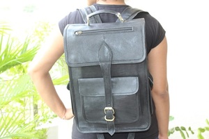 Sac à dos en cuir noir véritable, sac à dos d'université - Product Image 2