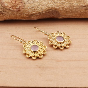 Crochet style laiton boucles d'oreilles plaqué or boucle d'oreille bijoux femmes boucle d'oreille calcédoine rose plaqué or boucles d'oreilles bijoux pour elle - Product Image 3
