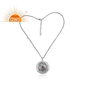 Colgante redondo de Gema granate Natural, proveedor de joyería de plata oxidada, cadena clásica, venta al por mayor - Product Image 2