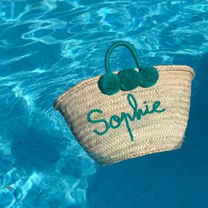 Sac de plage monogramme en paille avec pompons, panier de marché français, pour demoiselle d'honneur - Product Image 1