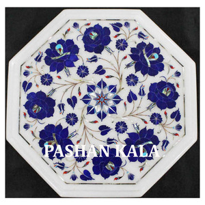 Lapis Lazuli Flower Inlay <b>Work</b> Marble Tea <b>Table</b> Tops - Product Image 1