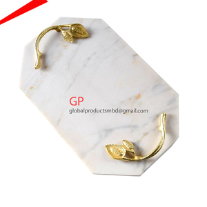 Plateau décoratif avec poignée en feuille dorée, plateau en marbre - Product Image 3