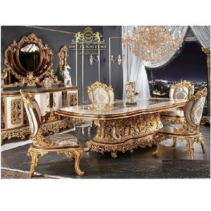 Muebles de comedor de madera de teca, mesa de comedor de lujo de tamaño King hecha a mano, acabado dorado Antiguo Real - Product Image 1