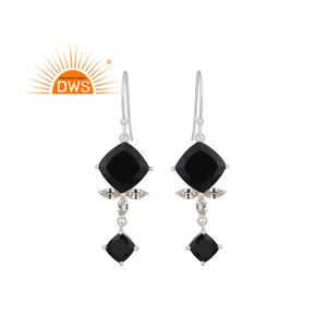 Dark Black Onyx Gemstone Earrings Captivating Duo Designer 925 Fine Silver Dangle Hook Earrings Jewelry Supplier - Product Image 1