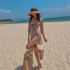 2021 Año Nuevo vestido Midi Sexy para mujer tela tejida falda con lazo cuello en V profundo cintura de corte alto manga larga cremallera hecha Vietnam - Product Image 5