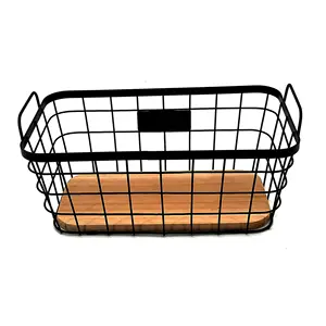 Cesta de alambre de almacenamiento de Metal para cocina, cesta organizadora con forma rectangular de alta calidad, Base de madera negra, con asas para Baño