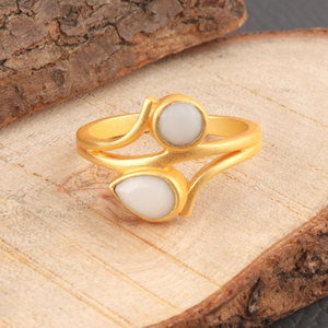 Bague Double pierre en Agate blanche, forme ronde, Design classique, Unique, plaqué or mat, ouvert, réglable, anneaux empilables, bijoux - Product Image 4