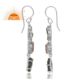 Plata de ley oxidada, Diamante Herkimer Natural y piedras preciosas de moldavita en bruto, Pendientes colgantes, fabricante de joyas - Product Image 3