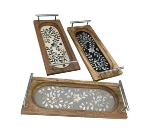 Bandeja con incrustaciones de fregona de madera de acacia marrón para regalo de Ramadán Eid de estilo árabe con asas de Metal, Juego de 2 piezas, bandeja para servir nácar - Product Image 3