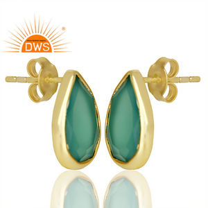 Pear Shape Gold Plated 925 Silver <b>Green</b> Onyx Gemstone Flat Back Stud Earrings For Girls Jewelry Supplier Classic Collection - Product Image 2