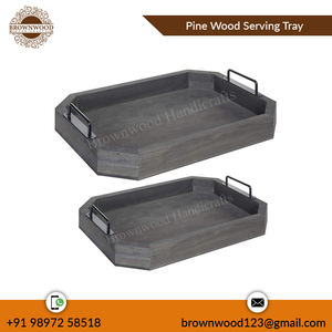 Elegante bandeja de servicio octogonal de madera de pino con asas de metal Set 2 Decoración de madera elegante para cocina Hotel y restaurante Uso - Product Image 4