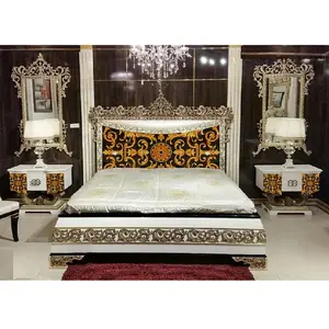 Set Furnitur Kamar Tidur Ukiran Perak, Set Furnitur Tempat Tidur & Kamar Tidur Desainer Mewah Perak, Set Perabot Kamar Tidur