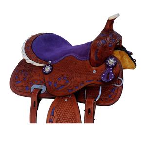 Selle de cheval en cuir Western baril usiné à fleurs violettes avec siège rembourré en daim Rênes et fabricants de colliers de poitrine - Product Image 5