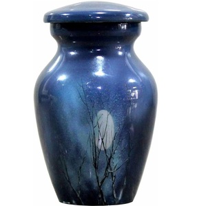 Urnes de crémation de couleur bleu brillant brillant mains imprimées avec piegon blanc en aluminium disponible bas quantité minimale de commande - Product Image 4