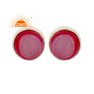 <b>Studs</b> <b>Fine</b> 925 Sterling Silver Round <b>Stud</b> <b>Earrings</b> Jewelry Natural Agate Pink Druzy Gemstone <b>Earring</b> Jewelry Supplier - Product Image 1