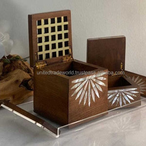 Natural Wood & Mother of Pearl Box Acrylic Tray With Wood Handle for Ramadan and Eid Specials by United Trade World - Product Image 2