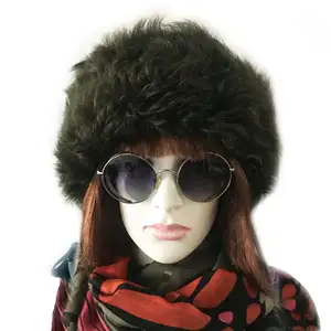 Russian, Mongolian Winter Hat For Women, Handmade, 100% Wool, Real Fur, Leather Dark Green