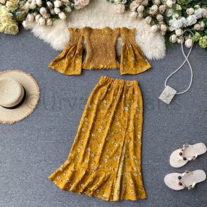 Sundress เดรสทรงครอปเปิดไหล่ของผู้หญิง,เดรสสั้นผ่าข้างเอวยืดได้พิมพ์ลายดอกไม้สองชิ้น - Product Image 5