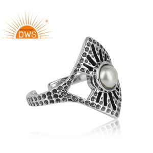Bague en argent 925 texturé oxydé antique avec pierre précieuse en perle blanche, bague ajustable, fournisseur de bijoux, collection classique - Product Image 3