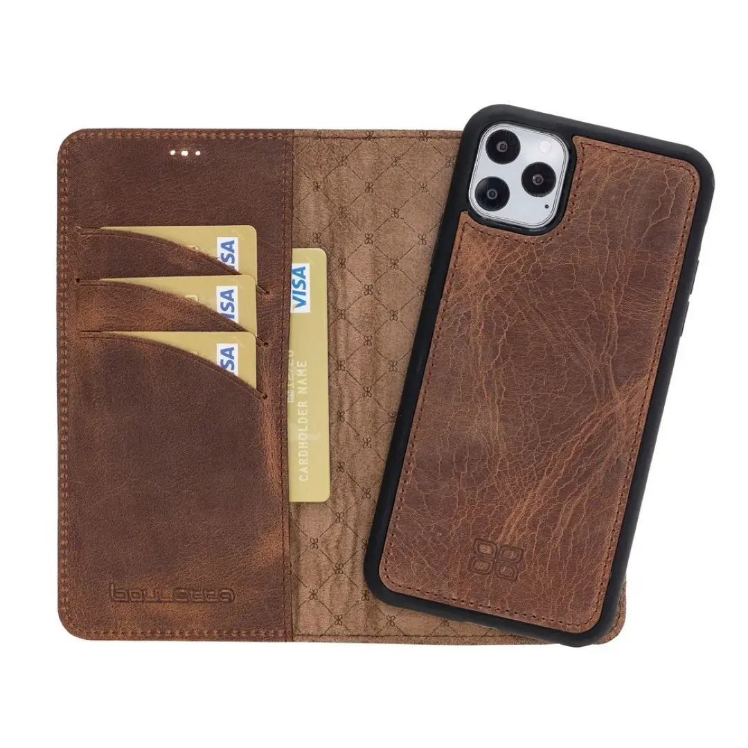 Genuine Leather Handmade Magnetic Wallet Detachable Phone Case for iPhone 11 Pro Max 6.5" Rfid and Wireless Charging Compatible
