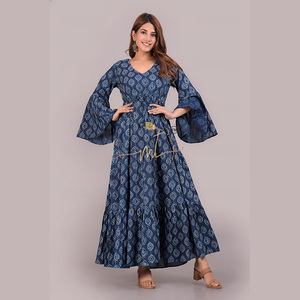 Hot Selling Women Casual <b>Dress</b> Hand Block Printed <b>Dress</b> Flounce Sleeve Maxi Standard V-neck <b>Elastic</b> Empire <b>Waist</b> With Drawstring - Product Image 4