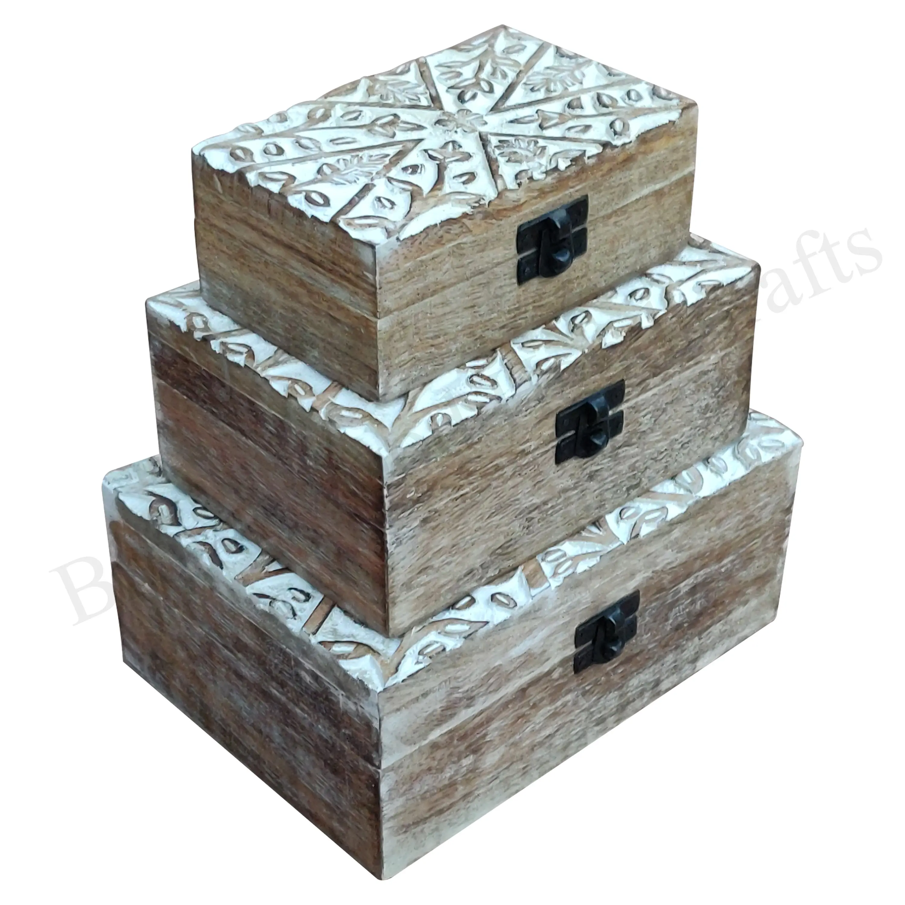 New Arrival High Quality Hand Carved Design Mango Wood Storage & Decorative Box Set of 3 From Indian Manufacturer & Exporter