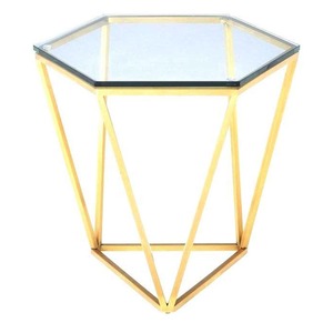 Mesa de centro de metal dorado de diseño geométrico elegante con tapa de vidrio en gran oferta - Product Image 1
