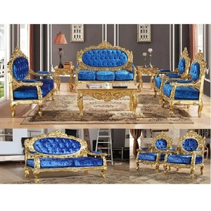 Royal Blue ชุดห้องนั่งเล่นทองโบราณ Gliding แกะสลักโซฟาไม้โซฟาชุดสำหรับห้องนั่งเล่น - Product Image 1