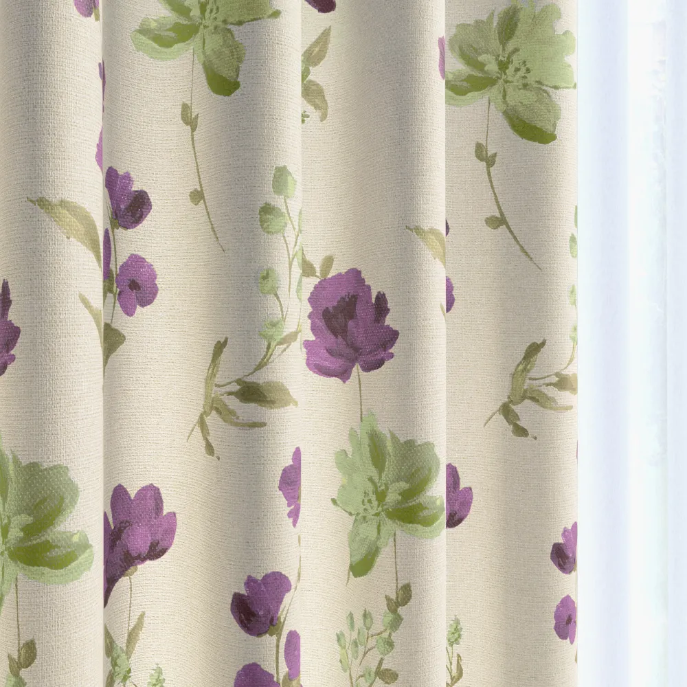 A nice and durable curtain fabric made in Japan with colorful flowers studded.