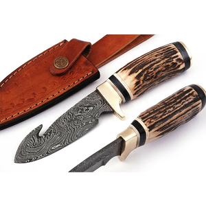 Sizzco hecho a mano de acero de Damasco hoja fija caza Camping Skinner cuchillo hermoso ciervo cuerno mango latón Clip OEM personalizable - Product Image 1