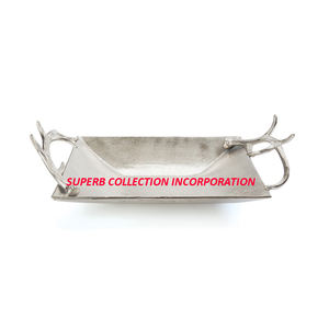 Square Silver <b>Decorative</b> Fruits Serving or Tabletop Centerpiece Wedding Decor <b>Tray</b> With Antlers Handles on Hot Sale - Product Image 1