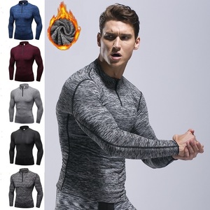 Chemise à manches longues en polaire pour homme, fermeture éclair, coupe ajustée, sportive, bleue, séchage rapide, col montant, haut de sport - Product Image 3
